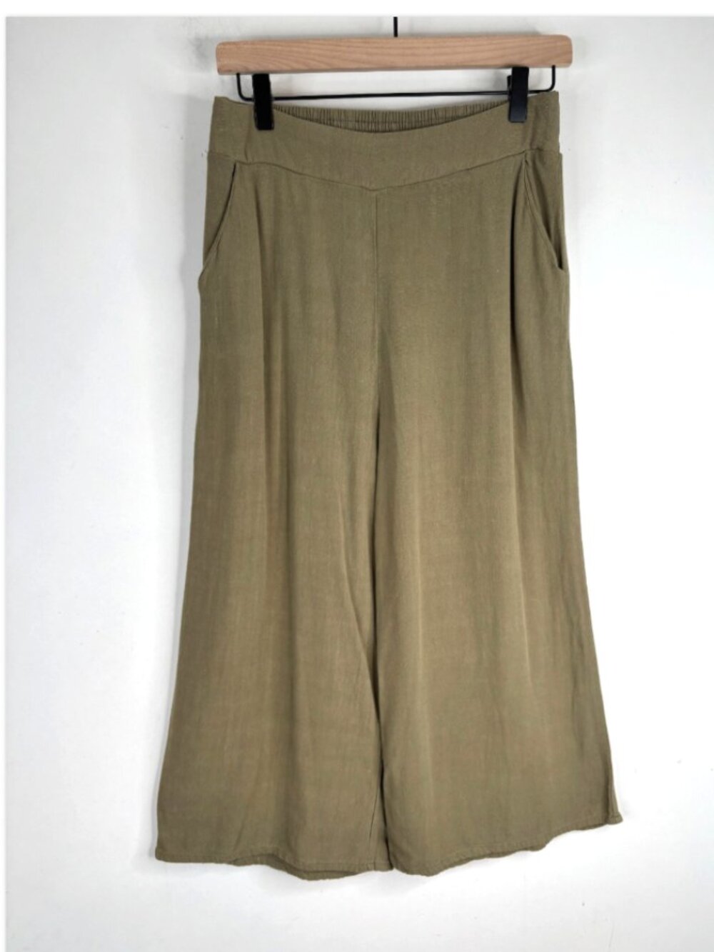 Anrabess Linen Blend Wide Leg Crop Pant M Olive Green Pocket Pull On Lightweight